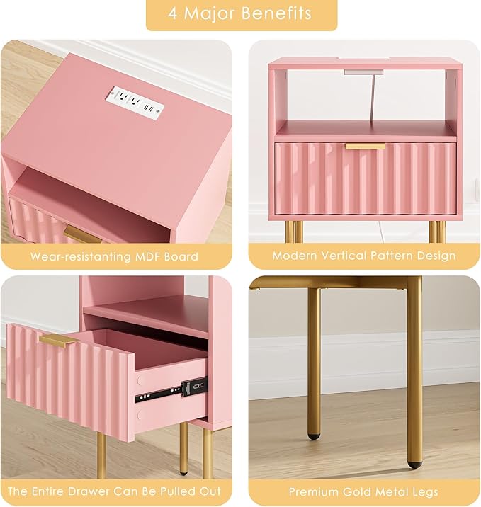 Masupu Nightstand with Charging Station,Mid-Century Modern Bedside Table with Storage Drawer and Open Wood Shelf,Small Gold Frame Side Table for Bedroom,Living Room (Pink Fluted)