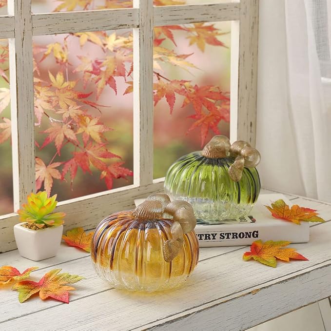 Glitzhome Hand Blown Two-Tone Crackle Glass Pumpkin Elegant Table Accent Amber 4.72 Inch