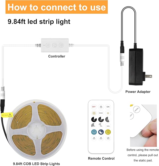 COB LED Strip Lights with Remote, 24V 9.84ft Warm White Dimmable LED Light Strips, High Bright 3000K LED Lights with Power Supply for Room, Kitchen, DIY Home Decoration