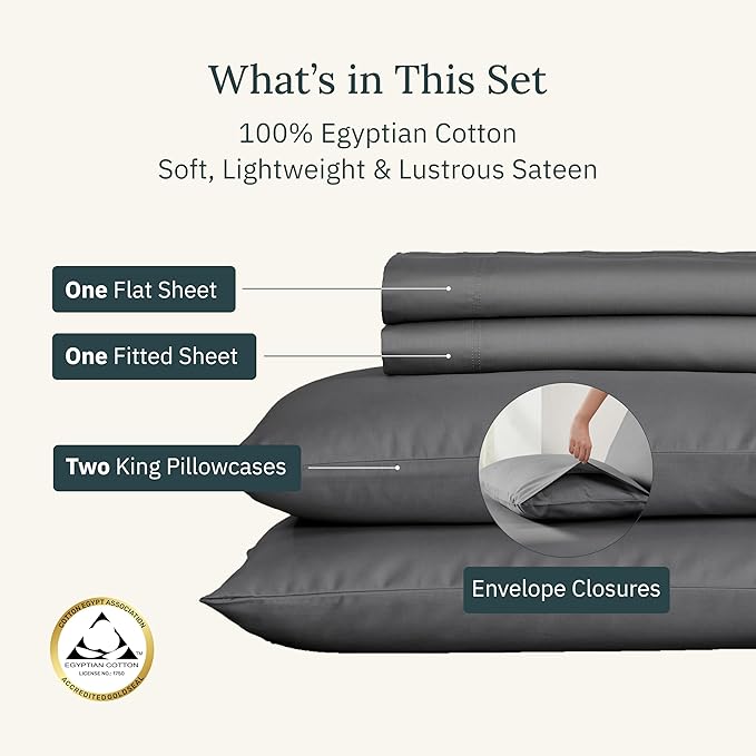 California Design Den Certified Luxury 100% Egyptian Cotton Sheets King Size Bed Set - Soft and Durable Sateen, Deep Pocket King King Size Egyptian Cotton Sheets Set - Grey