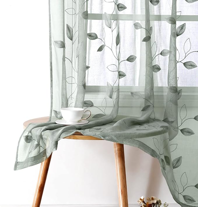 HOMEIDEAS Sage Green Sheer Curtains 52 X 96 Inches Long 2 Panels Embroidered Leaf Pattern Pocket Faux Linen Floral Semi Sheer Voile Window Curtains/Drapes for Bedroom Living Room