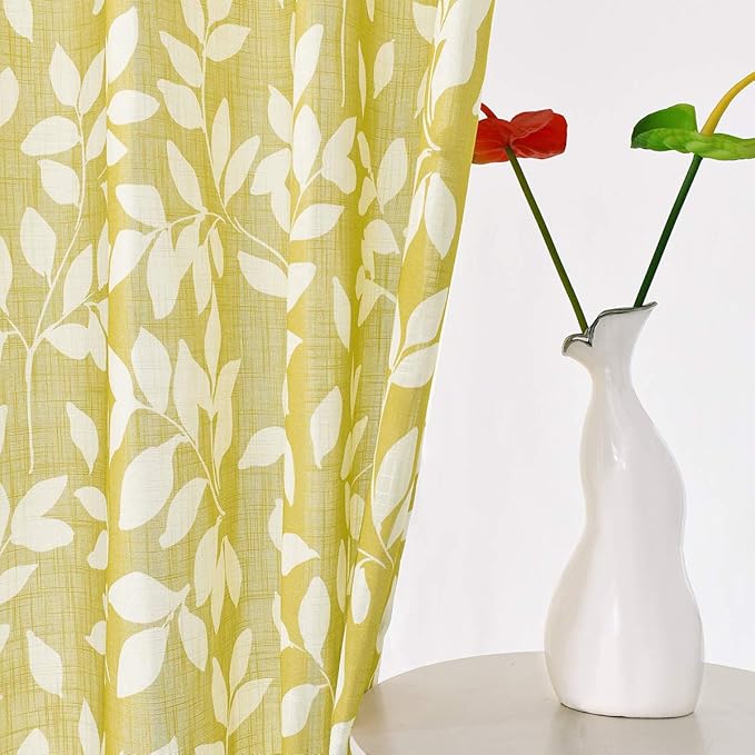 White and Yellow Leaf Curtains for Living Room 72" Length Print Semi-Sheer Curtains for Kitchen Windows, Mustard Yellow, Grommet Top, 2 Pack