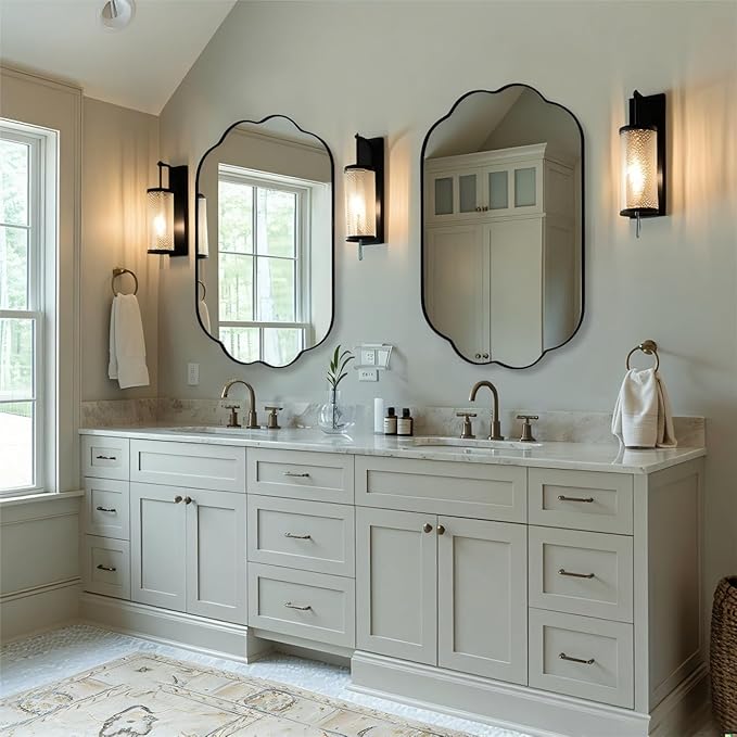 ANDY STAR Scalloped Bathroom Mirror, 24x36 Inch Matte Black Vanity Mirror in Stainless Steel Metal Frame, Unique Oval Mirror with Modern Curved Edge Design, Ideal for Bathroom, Bedroom, Entryway