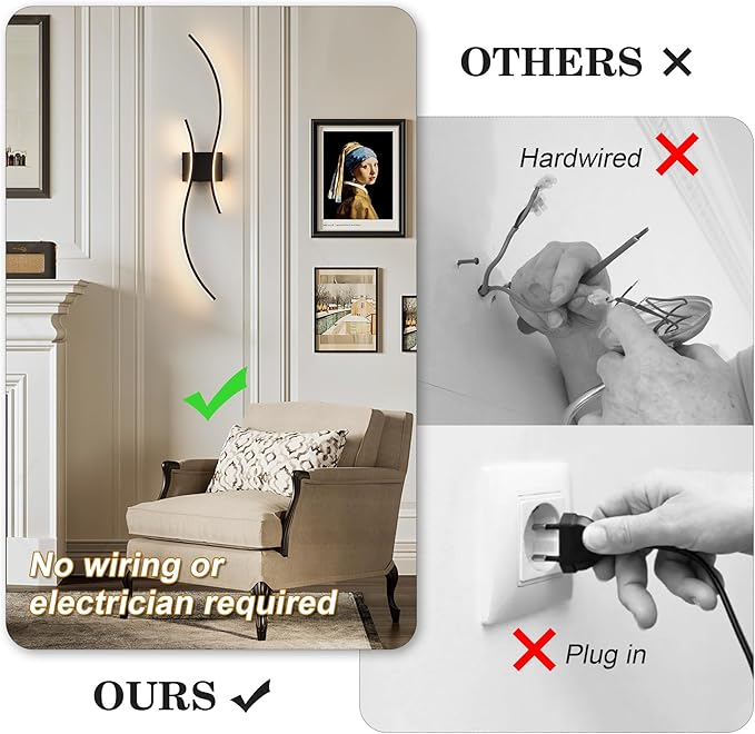 Battery Operated Wall Sconces Set of Two with Remote Control, Stepless Colors 3000K-6000K & Dimming, LED Black Wireless Wall Light for Living Room, Hallway, Bedroom, 39.3 Inch (2 Pack)