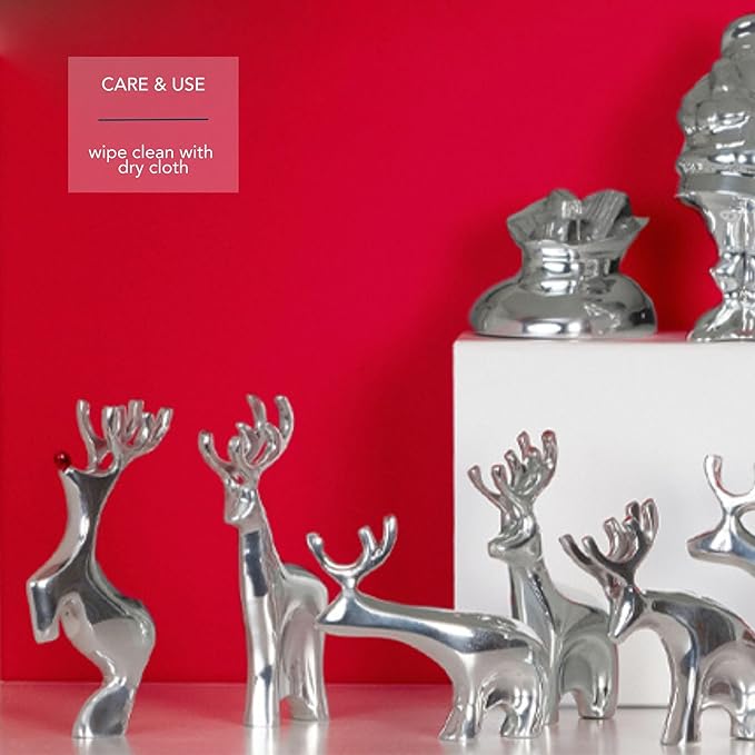 Nambé Red-Nosed Reindeer Holiday Sculpture – Christmas Tabletop Figurine by Alvaro Uribe, Polished Alloy Display for Mantel, Pairs with Sleigh and Reindeer Sets, 9.5” Tall Collectible Decor