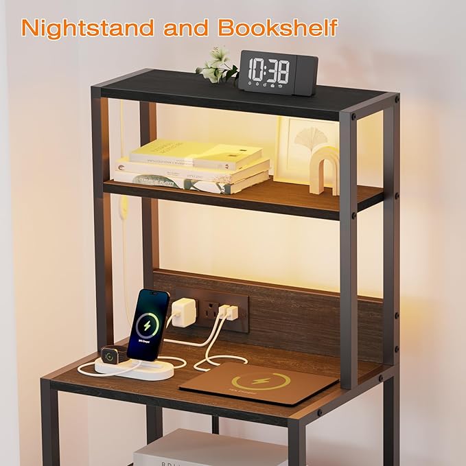 Furnulem Night Stand, Tall Nightstand with 4-Tier Shelves, 2 Fabric Drawers and Light Tube, Bed Side Tables with Charging Station, Bedside Table for Bedroom, Office, Black Oak