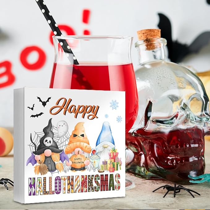 Halloween Thanksgiving Christmas Decor Happy Hallothanksmas Gnomes Wooden Box Sign for Home Bedroom Shelf Desk