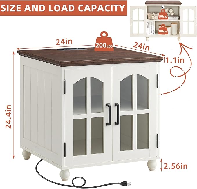 Farmhouse End Table with Charging Station,24" Large Sofa Side Table with Glass Barn Door,Rustic Wood Night Stand with Adjustable Storage Shelf,Square Bedside Table for Living Room,Bedroom Office