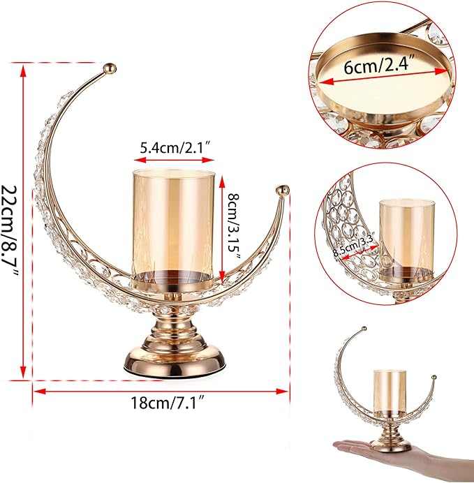 OwnMy Set of 2 Gold Moon Shaped Crystal Pillar Candle Holders Tealight Holders with Glass Covers, Metal Crystal Moon Pillar Candle Stands Votive Candlesticks Candle Lamps for Table Centerpieces