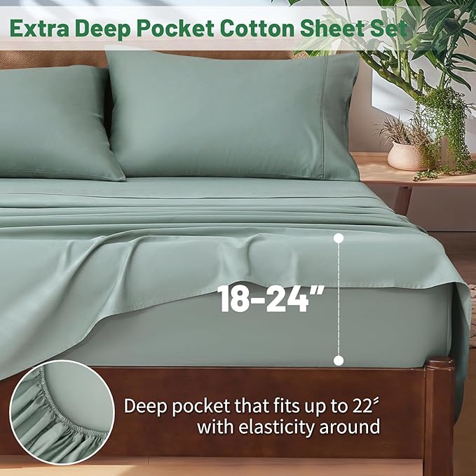 Extra Deep Pocket California King Sheets 18-24 Inch 100% Egyptian Cotton 1000 Thread Count Sateen Weave Soft Breathable 4 Pieces(Ca King,Sage Green)