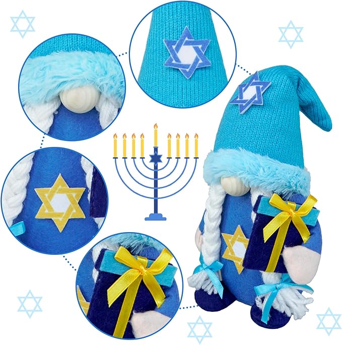 Hanukkah Gnomes Decorations for Home- Jewish Gifts Plush Gnome with Chanukah Menorah- Hanukkah Decorations Indoor for Office, Party, Tiered Tray Decor