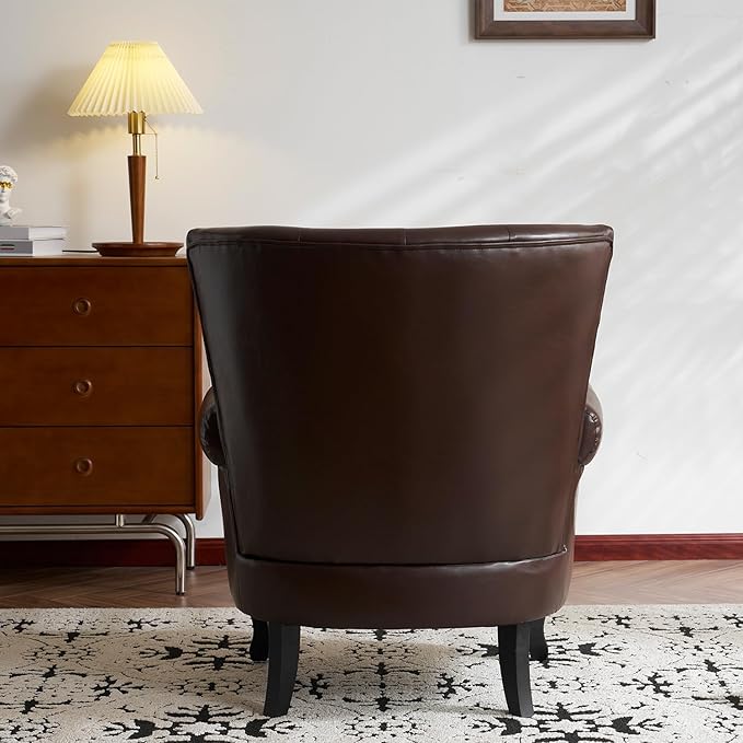 Modern Faux Leather Accent Chair, Upholstered Mid-Century Armchair with Solid Wood Legs, Single Sofa Chair for Living Room, Bedroom, or Reading Room(Caramel)