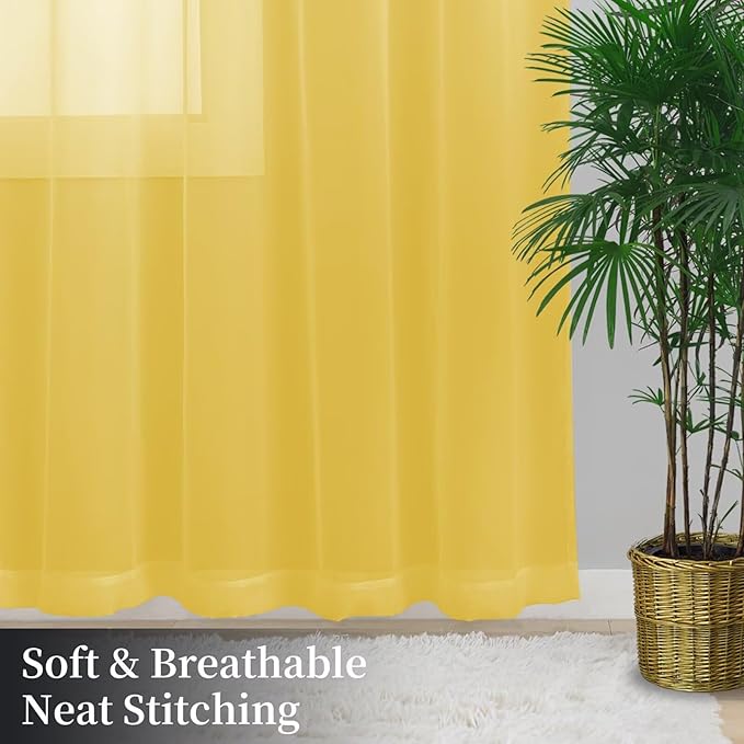 Sheer Curtains 72 Inches Long 2 Panels, Rod Pocket Short Curtain for Kitchen, Bedroom, Cafe Window(Yellow 38" W x 72" L)