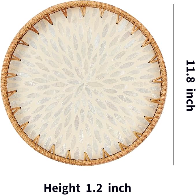 Round Rattan Tray with Mother of Pearl Inlay, Rattan Serving Tray with Wooden Base, Decorative Wicker Basket for Table Decor, Storage and Display of Coffee Bread Food Fruit (Leaf 2)