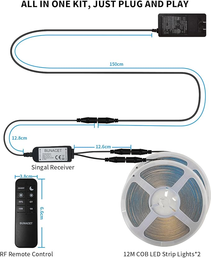 80FT/24m COB LED Strip Light (2 Rolls of 40ft) Warm White Dimmable 6500K High Lumen CRI 90+ with 24V Power Adapter RF Remote LED Lights for Bedroom Counter Under Cabinet Kitchen Projects