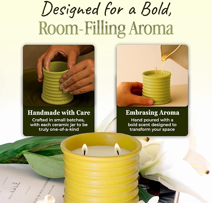 Scented Luxury Candles in Handmade Ceramic Jars, Soy Wax | Flower Bomb β Lily of The Valley & Jasmine, Large Candle | Non Toxic, 2 Wicks, Reusable Yellow Jar | Natural Spring Aromatherapy for Women