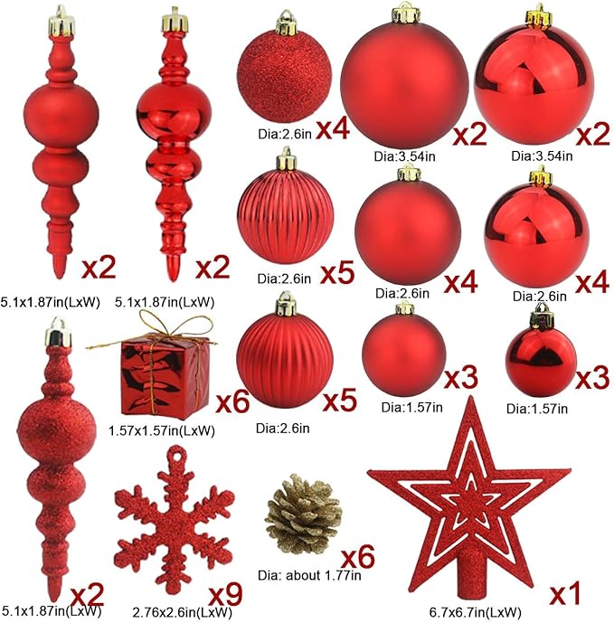Sunnyglade 60ct Red Christmas Tree Ball Ornaments Set Shatterproof Christmas Bling-Bling Hanging Decoration with Hand-held Gift Package for Xmas Tree Holiday Wedding Party (Red)