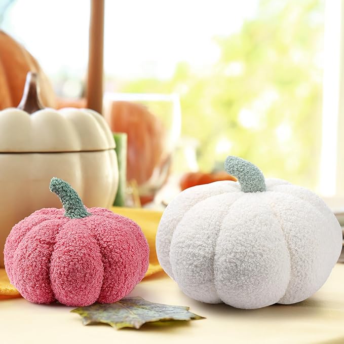Kajaia 4 Pcs Fall Decor Pumpkin Throw Pillow Fall Pillow 11 Inches 7 Inches 3D Cushion Thanksgiving Sherpa Plush Fluffy Stuffed for Autumn Halloween Christmas Home Sofa(White, Pink Series)