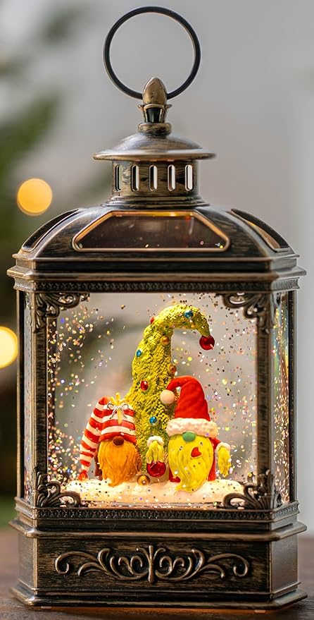 Christmas Snow Globe Lantern Water Glittering Gnomes Scandinavian Santa Elf with Music, USB Lined/Battery Operated Lighted Lantern for Christmas Festival Decoration Gifts