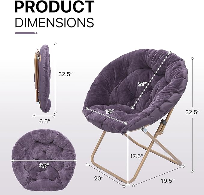 Athena Collection Comfy Saucer Chair Folding Cozy Chair for Bed Room Living Room Accent Chair Faux Fur Reading Chair Foldable Metal Frame Lazy Chair Moon Chair for Adult Set of 2, Purple
