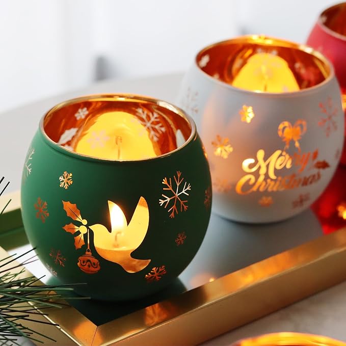 Christmas Votive Candle Holder Set of 6, Red Green White Glass Tealight Holder with 6 Laser Engraving Patterns for Winter Xmas Table Centerpiece Decor