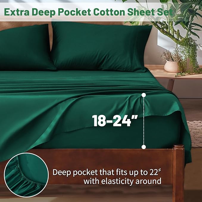Extra Deep Pocket California King Sheets 18-24 Inch 100% Egyptian Cotton 1000 Thread Count Sateen Weave Soft Breathable 4 Pieces(California King,Dark Green)