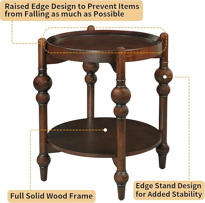 23" Round End Table, Mid Century Modern Side Table with Solid Wood Frame and Top, Small Night Stand for Living Room Office Apartment, Walnut