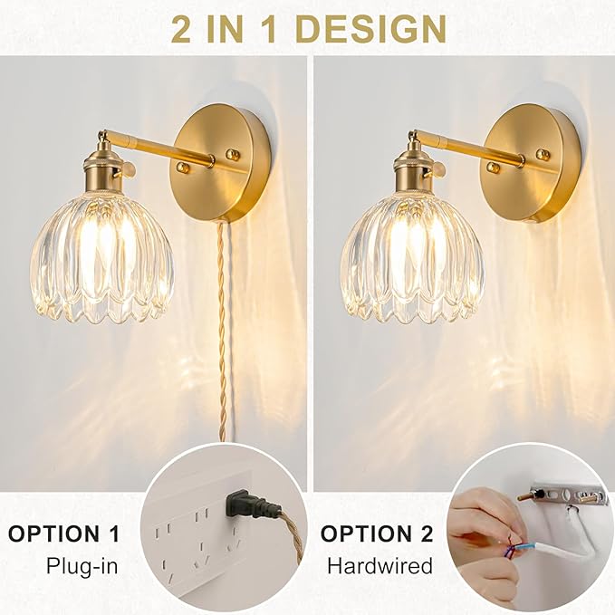 Plug in Wall Sconce, Vintage Sconce Light with Tulip Transparent Glass Lampshade, 180° Adjustable Wall Sconce with Switch and Plug in Wall Lamp Cord, Gold Wall Light for Bedroom Bedside