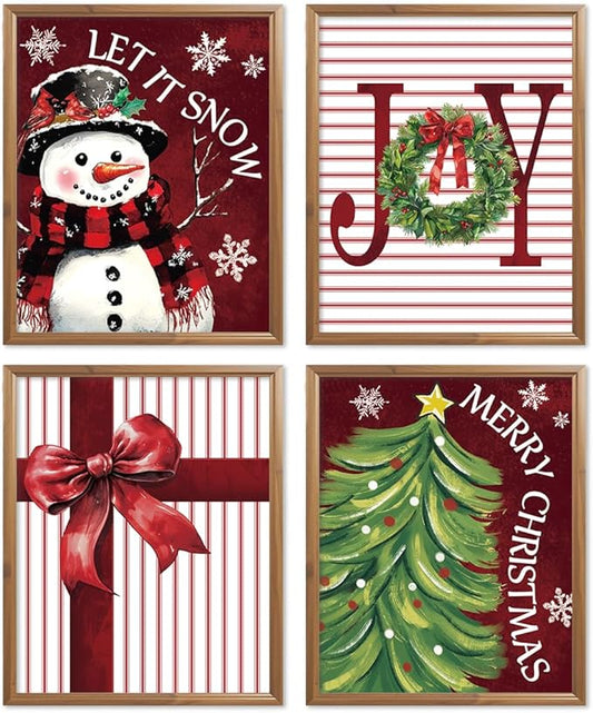 Wheatwin Christmas Wall Decor - Snowman Tree Art Prints Set of 4, Indoor Decorations for Bedroom, Red Bow, 8x10 (Unframed)