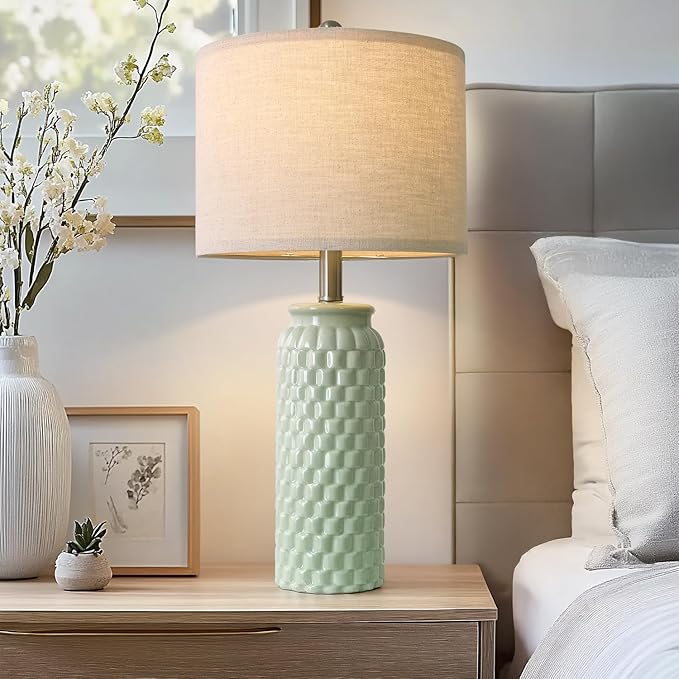 24" Modern Ceramic Green Bedside Lamp Set of 2 Table Lamp for Bedroom Decor Farmhouse Table Lamp for Living Room Office Dorm