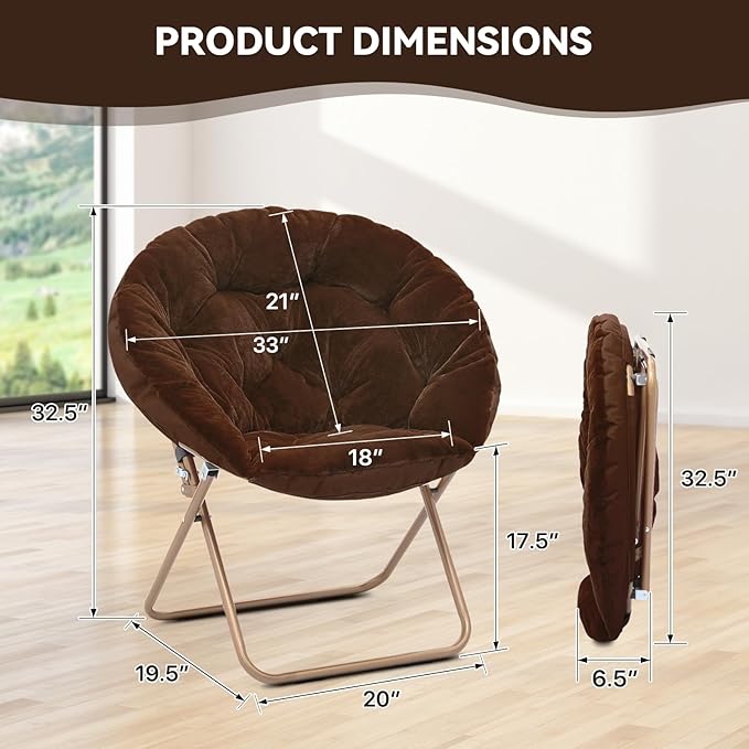 Magshion Saucer Chair for Adults, Comfy Living Room Lounge Chair for Bedroom Corner, Dorm, Apartment, Faux Fur Fluffy Circle Accent Seat with Thick Padded & Folding Metal Frame (Brown, Set of 2)