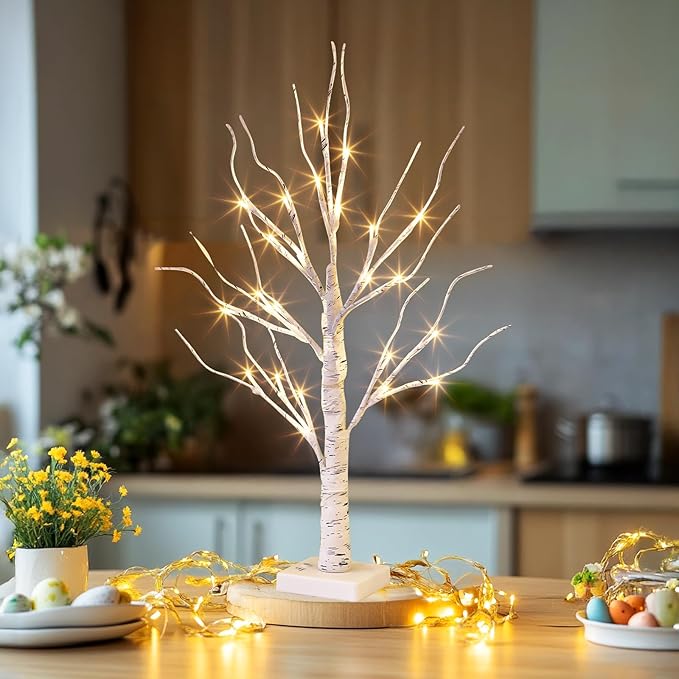 EAMBRITE Lighted Birch Tree Christmas Decorations for Home, White Birch Tree with Lights, 24 LED Lighted Mini Money Tree Twig Tree Battery Operated with Timer, Indoor Table Centerpiece Decor (2FT)