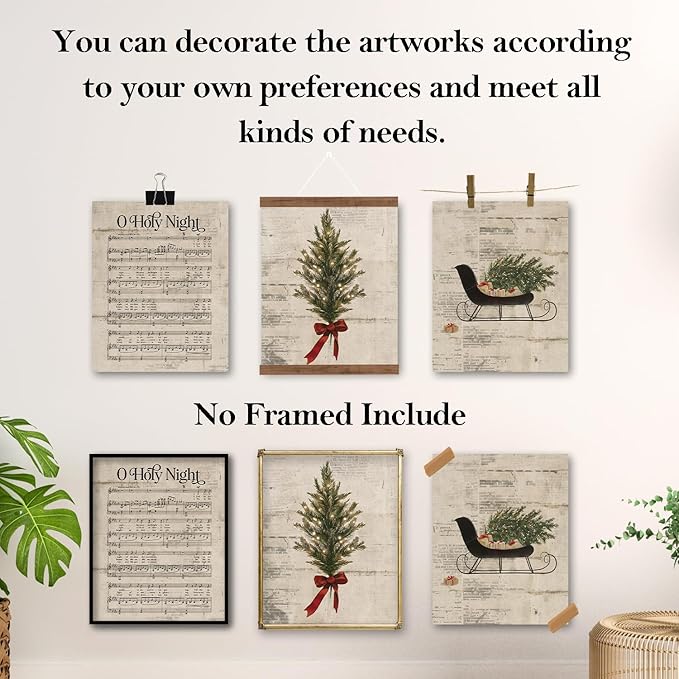 TFKFJLF Vintage Christmas O Holy Night Wall Art Poster Decor, Retro Christmas Tree Wall Art Decorations for Home Kitchen Bedroom Bathroom Living Room Office, Unframed 8x10in Set of 4