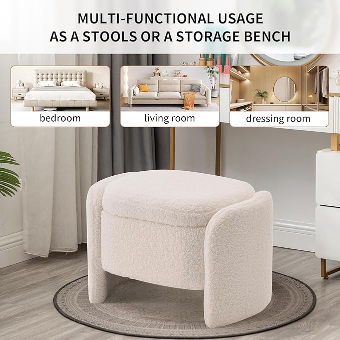 Storage Bench with Lamb Fleece Fabric, Vanity Stool Chair, Upholstered Ottoman with Small Hidden Storage for Bedroom, Living Room, Entryway, No Assembly Required, Beige
