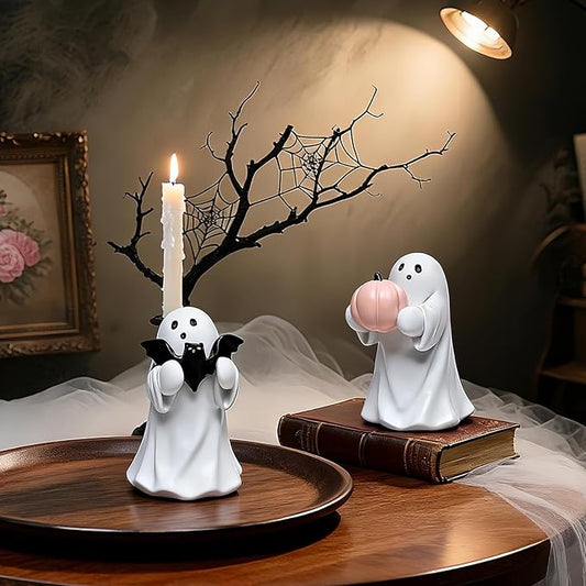 2Packs Halloween Ghost Figurine Decor,Cute Hallowen Statue for Home Decorative, Funny Spooky Hugging Pumpkins & Bats Figurine Hallowee Decor for Desk Office Table Centerpieces Ornament
