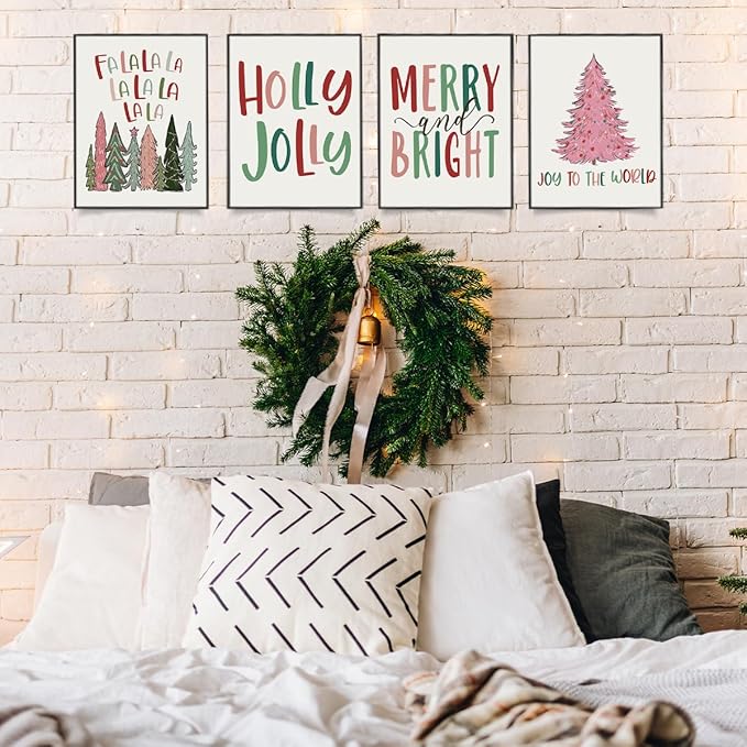 Wheatwin Pastel Christmas Decor, Funny Christmas Tree Wall Art Prints Set of 4, Trendy Decor Christmas Gifts for Bathroom Farmhouse Living Room Bedroom, 8x10 (Unframed)