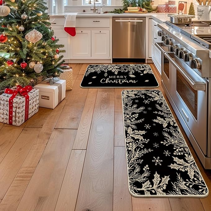 Artoid Mode Black Holly Pine Branches Merry Christmas Kitchen Mats Set of 2, Winter Decor Low-Profile Kitchen Rugs for Floor - 24x35 and 24x59 Inch