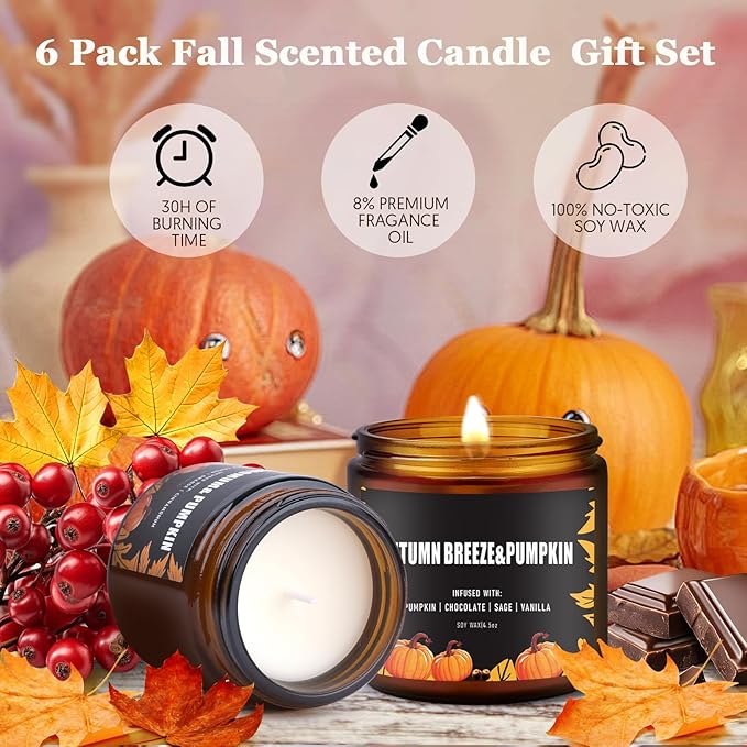 Fall Candles Set/6Pack Pumpkin Scented Candles for Home Decor,Halloween,Autumn Candle Scents of Berry,Sugar Lemon,Spiced Apple,Autumn’s Breeze,Cinnamon,FIG,Christmas Candle Gifts,Fall Gifts for Women