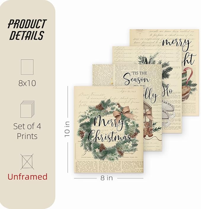 ETVISO Vintage Christmas Wall Art Prints Set of 4, Retro Merry Christmas Garland Poster, Winter Holidays Gift Print Decor, 8x10 (Unframed)