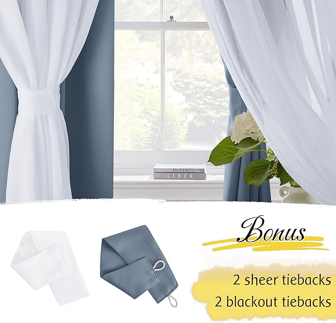 NICETOWN Bedroom Curtains for Kids, Room Darkening Thermal Insulated Sliding Glass Door Curtains for Living Room Double Layer Curtains with Crushed Sheer Overlay, 52" W x 84" L, 2 Panels, Stone Blue