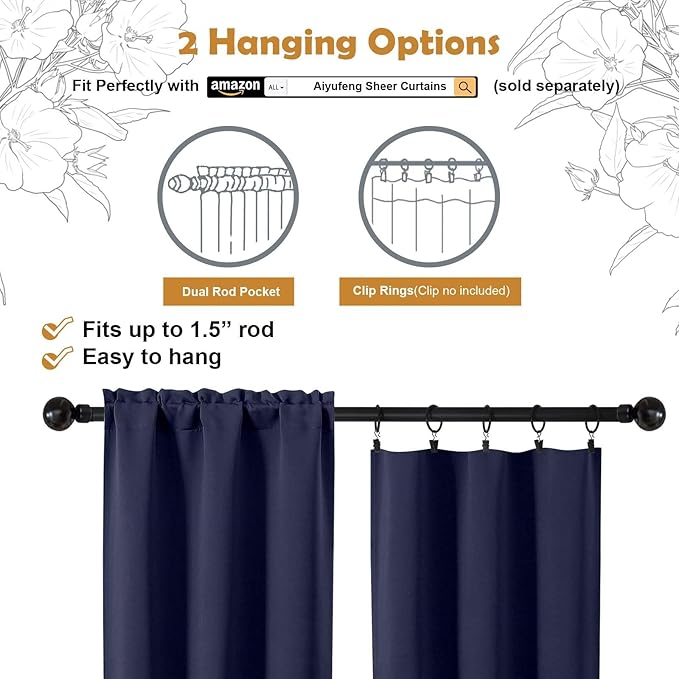 Aiyufeng Navy Blue Short Blackout Curtains for Bedroom 54 Inches Long 2 Panels Set, Solid Thermal Insulated, Energy Saving Window Treatment Curtains Blackout Drapes, W40 x L54 Inch, Navy Blue