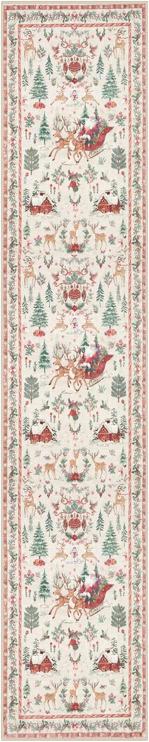 Lahome Christmas Beige Hallway Runner, Kitchen Non Skid Washable, Soft Christmas Tree Santa Claus Bathroom Carpet for Entryway Bedside Holiday Decor (2'x10')