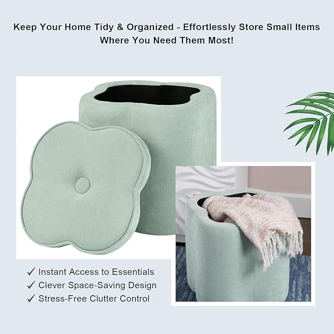 Crestview Collection Foot Rest Ottoman with Storage,Chenille Fabric Flower Ottoman for Living Room, Vanity Stool for Bedroom,Floor Pouf for Home Decor,Seafoam Green,18 inches