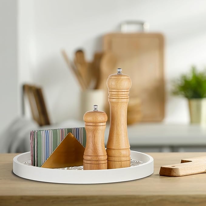 Rustic Round Wood Decorative Coffee Table Tray Farmhouse Decor with Wood Texture Boho Ottoman Serving Tray for Kitchen Counter Home (White)