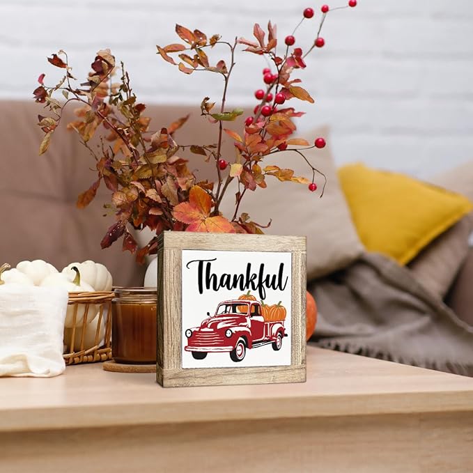 Pumpkin Harvest Decors, Thankful Signs, Pumpkin Truck Wooden Box Signs, Autumn Home Desk Table Shelf Decoration, Fall Decor, Thanksgiving Decoration, Box Sign Wood Desk Sign Decor 5.9X5.9X0.7inches