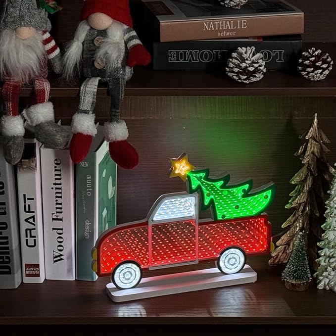MEETYAMOR Christmas Decorations Indoor, Christmas Tree Truck Infinity Mirror Tunnel Light, 3D Endless Extension LED Night Lamp, USB Powered Colorful Table Centerpiece for Living Room Home Decor