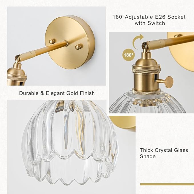 Wall Sconces Set of Two Hardwired, Vintage Sconce Light with Tulip Transparent Glass Lampshade, Bathroom Wall Lights with Switch, Gold Wall Light Sconces Wall Decor Set of 2