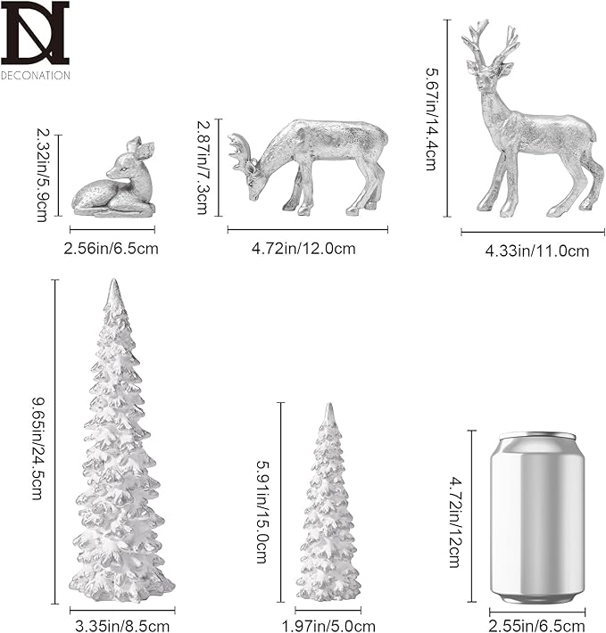 DN DECONATION Christmas Decoration Reindeer and Tree Figurines – Xmas Reindeer with White & Silver Tree Statues Decor – Resin Christmas Village for Winter Table Mantle Decor Set of 5