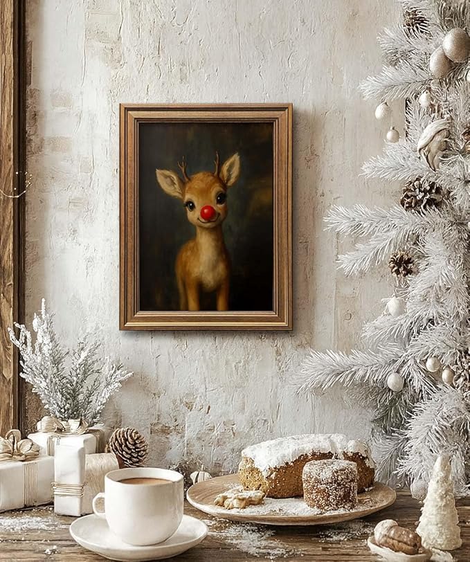 Vintage Christmas Wall Art Decor Gold Framed Art Funny Clown Reindeer Picture Painting for Home Living Room Decor Holiday Gift (Reindeer, 20L" x 16W")