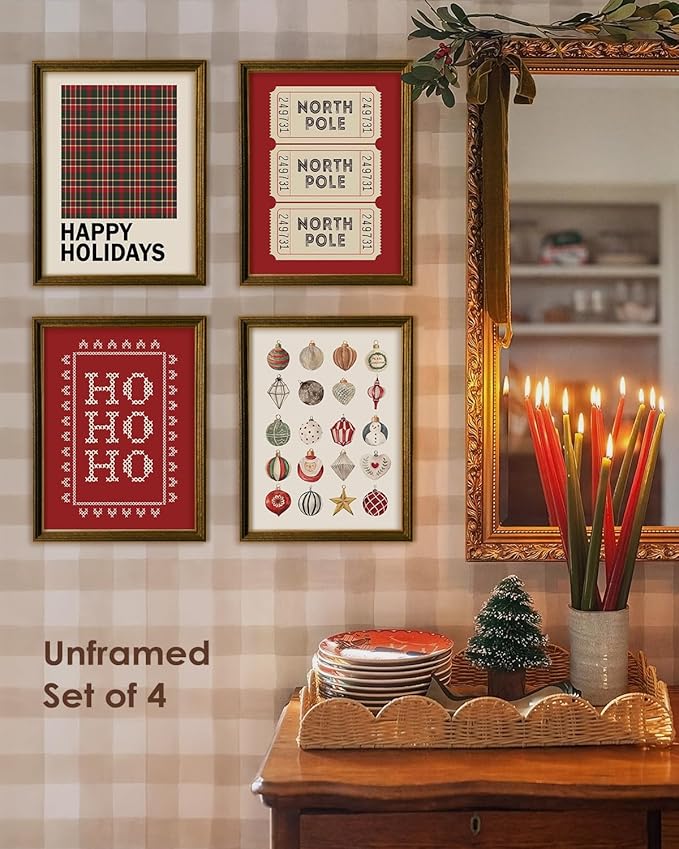 Wheatwin Christmas Wall Art Prints Set of 4, Trendy North Pole Wall Posters Aesthetic, Happy Holidays Winter Xmas Decor for Bathroom Farmhouse Living Room Bedroom, 12x16 (Unframed)